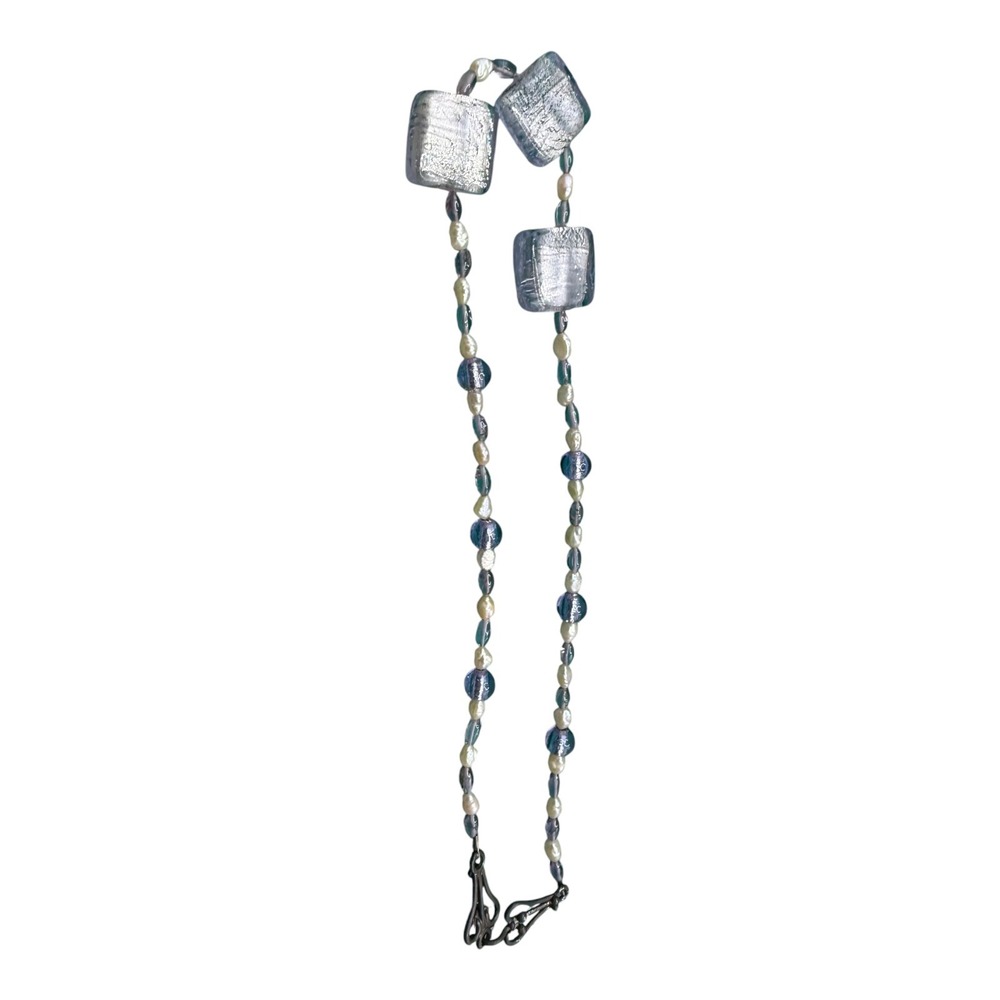 Artisan Venetian Glass Silver Foil Square Bead & Freshwater Pearl Necklace 19" - Picture 5 of 15